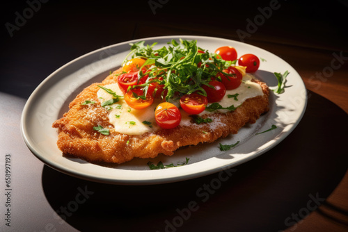 Canvas Print Authentic Italian food, veal Milanese (cotoletta alla milanese) close-up on a pl