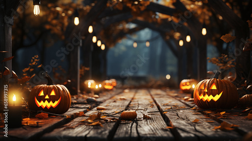 A spooky Halloween scene with empty wooden boards in the forefront.
