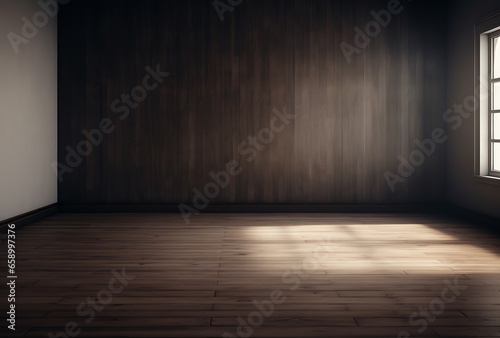 Empty room with wooden wall and floor. Mock up, 3D Render