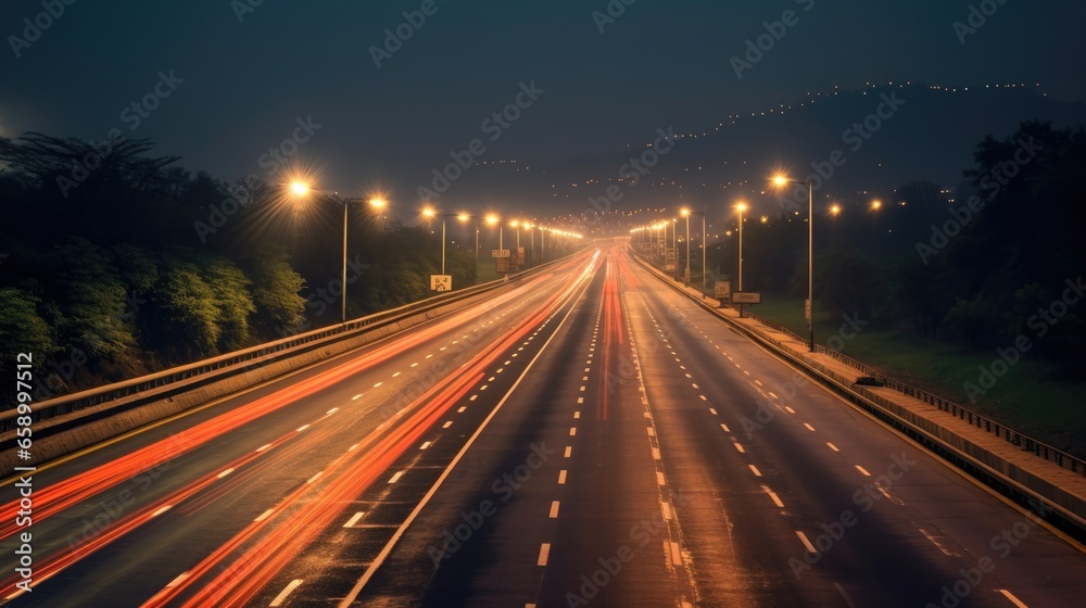 Car light trails on the highway at night. glow lights on road