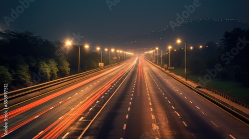 Car light trails on the highway at night. glow lights on road