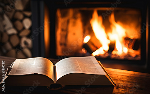 Billede på lærred Open book near a burning fireplace in a cozy home, autumn vibe concept