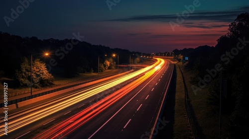 Car light trails on the highway at night. glow lights on road