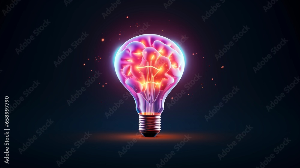 Brain shaped light bulb on dark background, modern thinking, ingenuity concept Brain shaped light bulb on dark background, modern thinking, ingenuity concept