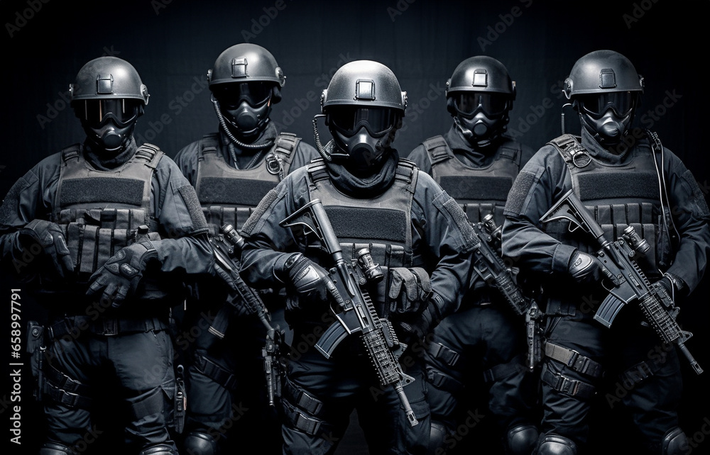 Special police unit SWAT team officer standing in a row. Masked Team of Armed SWAT Police Officers with Rifles are Posing After a Successful Office Building Siege. Soldiers Stand in a Row and Raise 