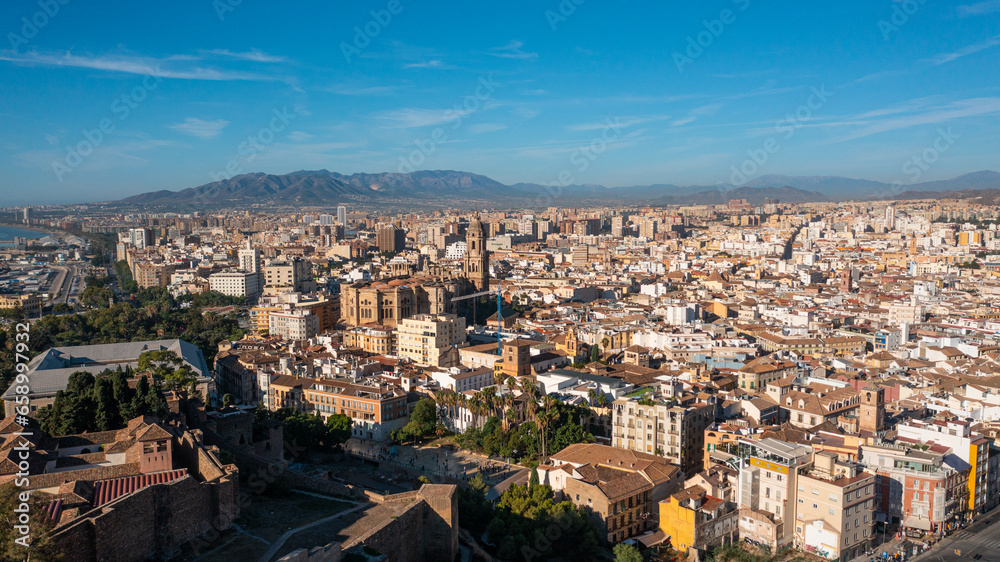 Aerial photo from drone to the city of Malaga and old town Malaga at sunrise. Malaga,Costa del sol, Andalusia,Spain, (Series)