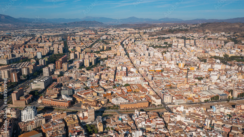 Aerial photo from drone to the city of Malaga and old town Malaga at sunrise. Malaga,Costa del sol, Andalusia,Spain, (Series)