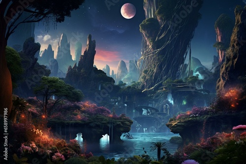 Nighttime view of an enchanting Pandora-inspired planet with luminous flora and trees in a cinematic jungle. Generative AI