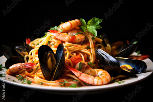 Fresh Spaghetti pasta with seafood on the plate close up