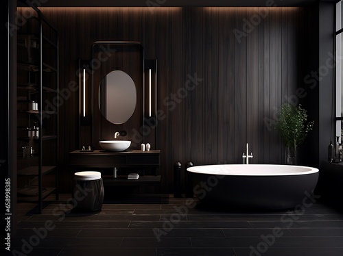 Luxury bathroom interior with dark wooden walls  concrete floor  comfortable white bathtub and round mirror. 3d rendering