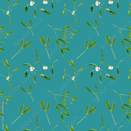 Hand drawn watercolor seamless pattern with mistletoe