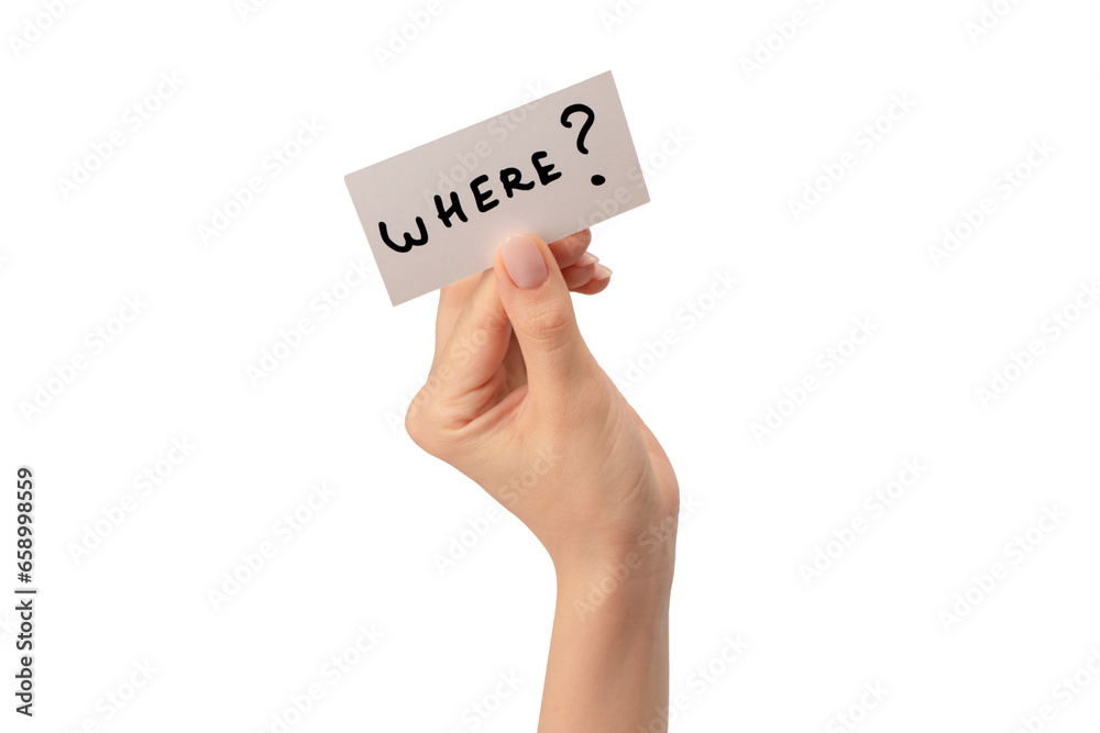 Where text on a card in a woman hand isolated. Where text on a card in a woman hand isolated.