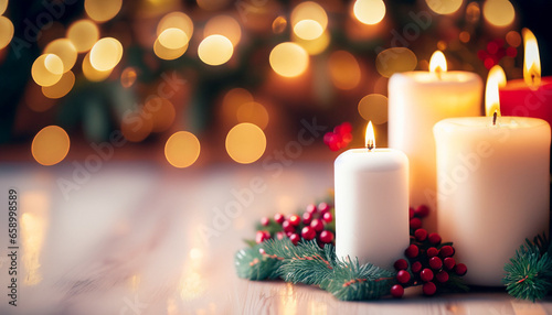 softly glowing Christmas lights with candles on a blurred background  creating a warm and inviting holiday ambiance with caption space