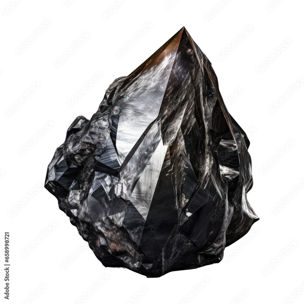 An isolated image showing a rough black stone mineral in its raw form, displayed on a transparent background. Generative AI