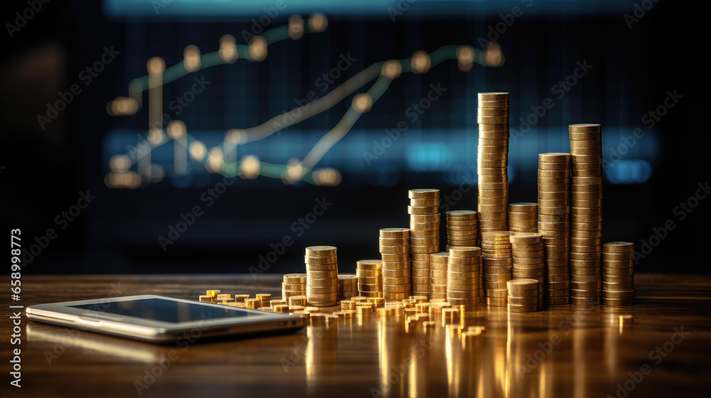 Investment concept, Coins stack on table, business growth - obrazy, fototapety, plakaty 