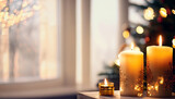 softly glowing Christmas lights with candles on a blurred background, creating a warm and inviting holiday ambiance with caption space