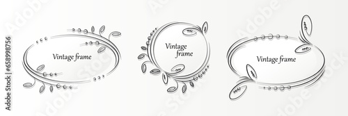 Vintage round, oval frames. Set. Royal wedding insignia, sale sticker. Ornate label, retro badge. 