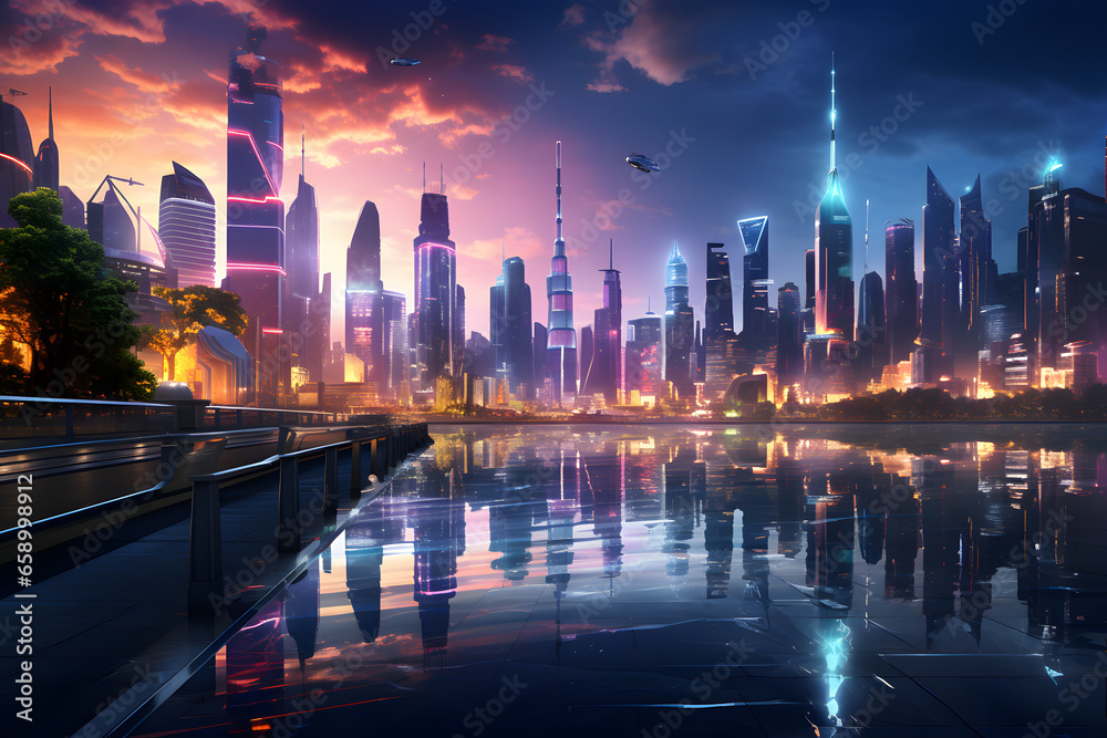 Obraz premium A futuristic city at sunset in neon lights 