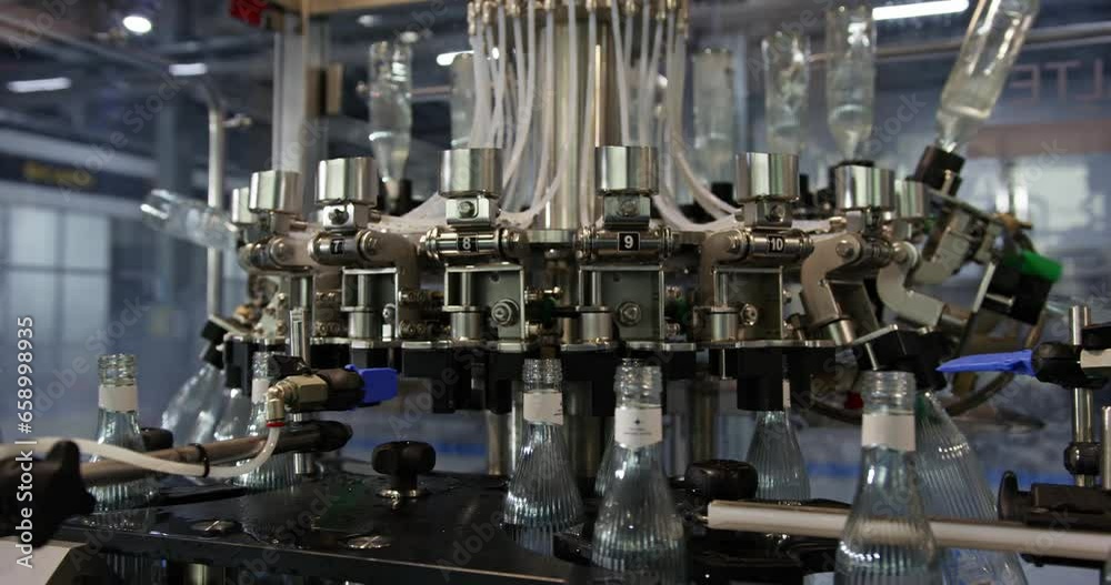 Glass Drinking Water Bottles on Production Line Glass Drinking Water Bottles on Production Line
