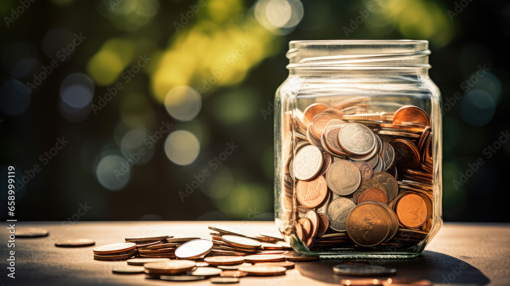 Coins in a glass jar on blurred background. Saving concept. - obrazy, fototapety, plakaty 