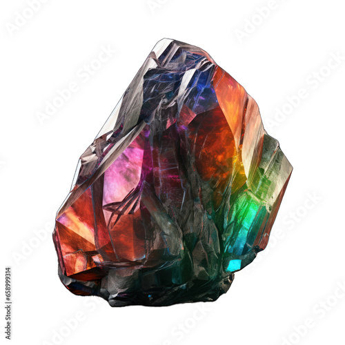 A vibrant rainbow stone mineral displayed on a transparent background  exhibiting dazzling hues from light blues to fiery reds  signifying its unique geological formation. Generative AI