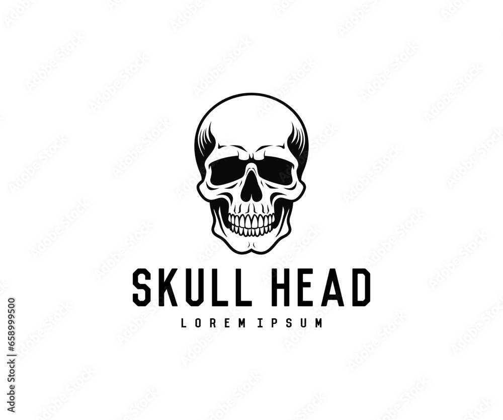 skull head illustration logo, vector, black and white