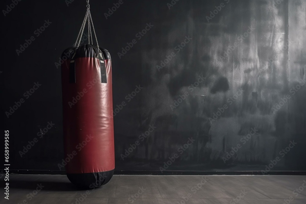 boxing bag in front of wall background at the gym. Generative AI