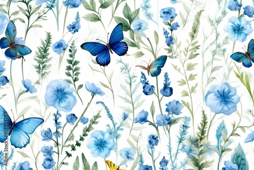 Pattern with blue flowers, plants, butterflies, and dragonfly on a white background, depicting a summer meadow. Generative AI