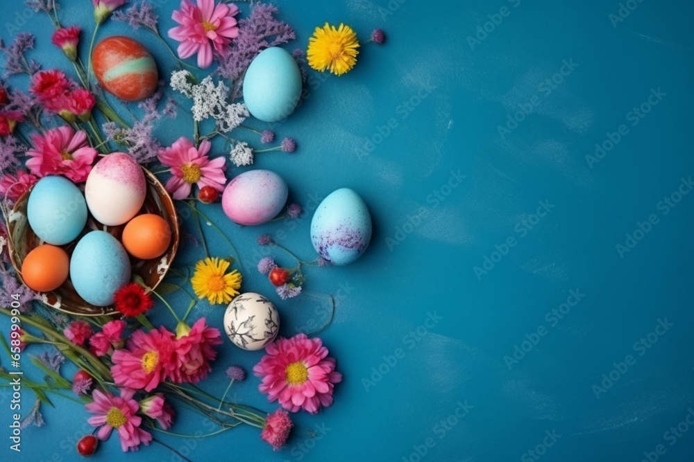 Colorful Easter eggs, flowers, postcard on blue background. Top view with empty space for text. Generative AI