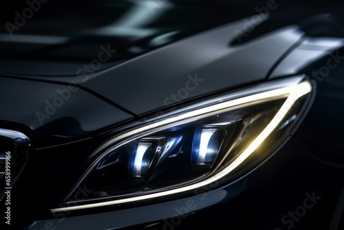 Close-up view of adaptive headlight technology in a luxury sedan car. Generative AI