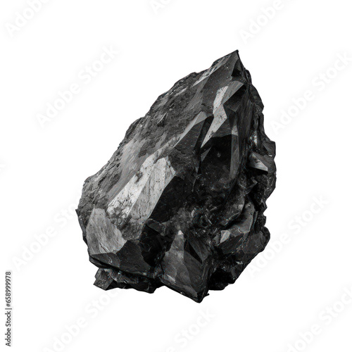 A black stone mineral with a lustrous surface appears isolated on a transparent background. The stone showcases nature's architectural complexity. Generative AI