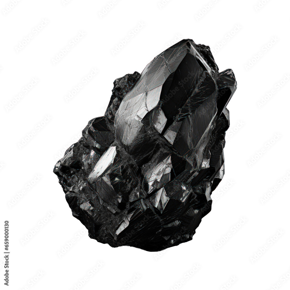 A black stone mineral showcased in isolation on a transparent background, highlighting its unique texture and dark luster. Generative AI