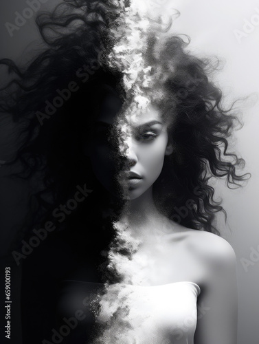 black and white yin yang woman, duality of light and darkness - by generative ai