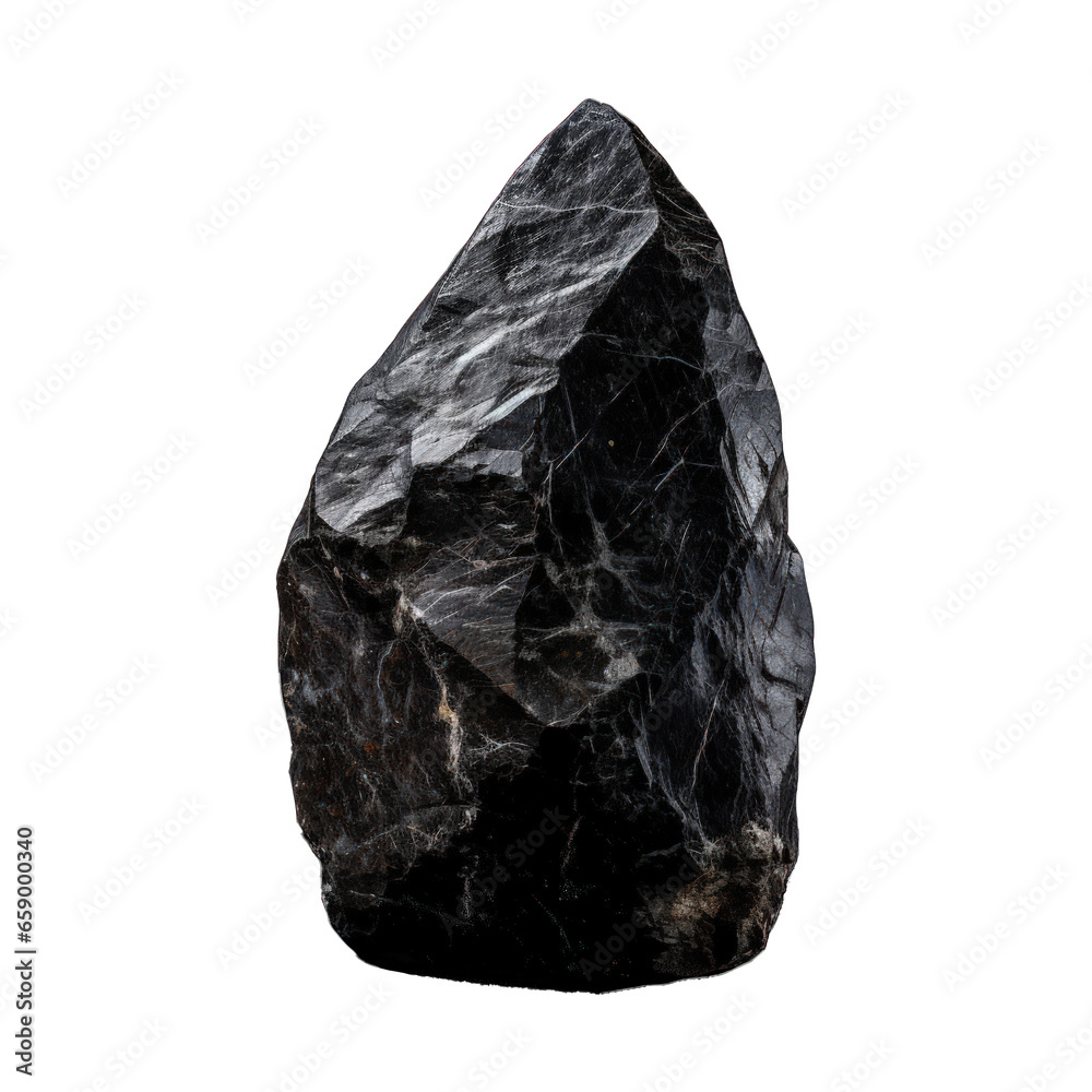 A black stone displayed in isolation on a transparent background, accentuating its natural texture and unique shape. Generative AI