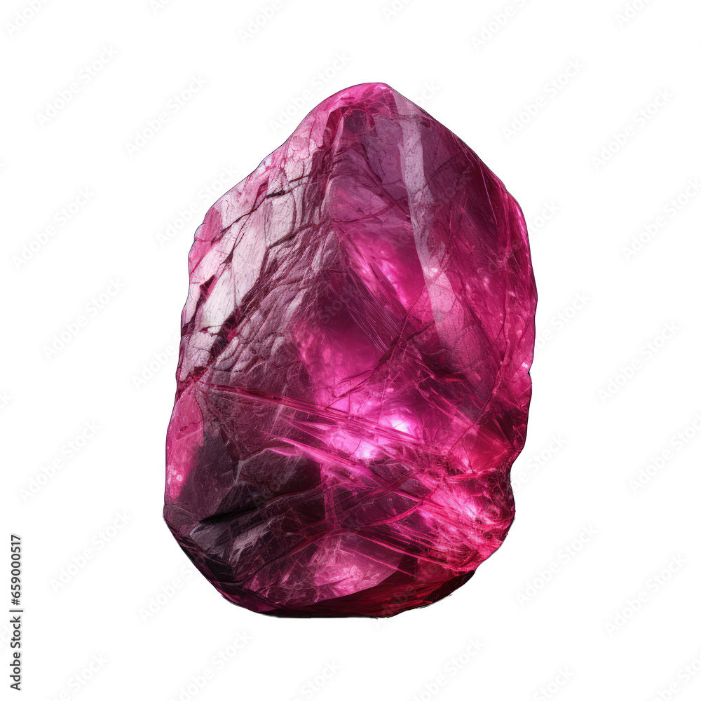 A vivid pink stone mineral with multifaceted textures and natural luster is presented on a transparent background. Generative AI