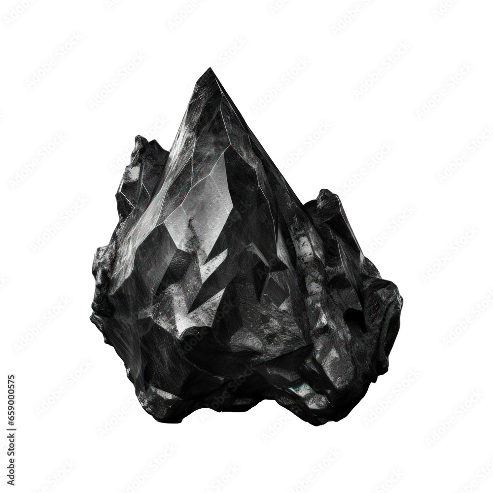 A polished, shiny black stone mineral has been carefully cut and is displayed on a transparent background. Generative AI