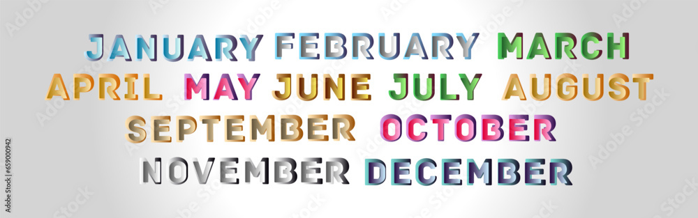 Set of All Twelve Annual Month Yearly Names. Type Treatment Design. Gradient Vector Design in Color on White Background. Eps10