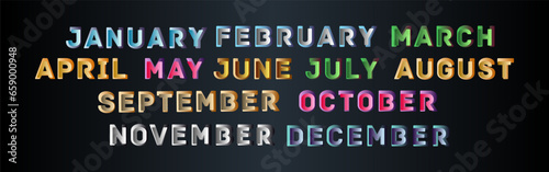 Set of All Twelve Annual Month Yearly Names. Type Treatment Design. Gradient Vector Design in Color on Black Background. Eps10