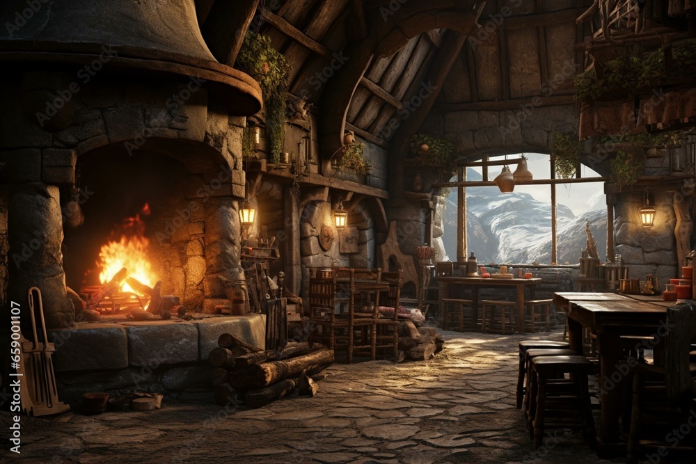 Atmospheric medieval tavern with food, drink, fireplace, candles, and daylight through a window. Generative AI