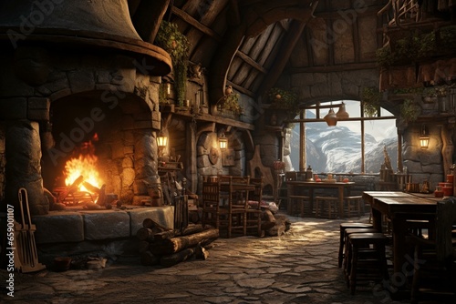 Atmospheric medieval tavern with food  drink  fireplace  candles  and daylight through a window. Generative AI