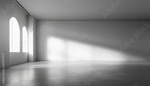 Absolutely empty white gray big room with arch window and sunlights on wall and floor.