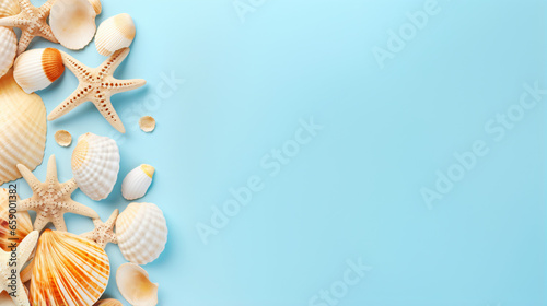 Beach seashells on colored background