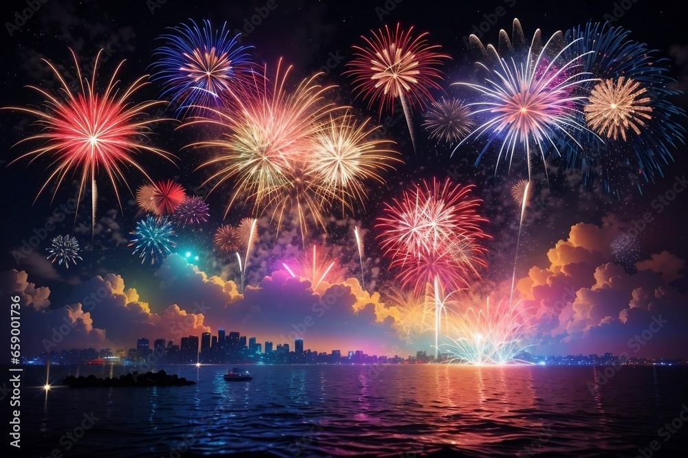fireworks in the city, A colorful fireworks display lights up the night sky, symbolizing the start of a new year filled with hope and possibilities. | AI-GENERATED 