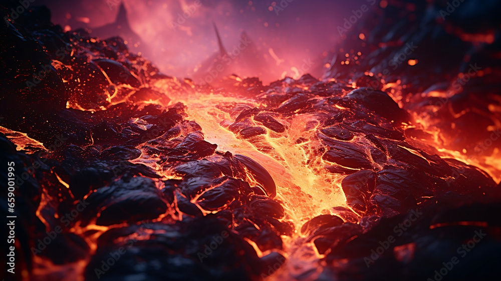 Lava Flow Erupting Volcano Magma Burning Flames Soil Ashes Smokes