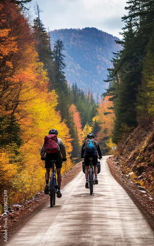 Two cyclists riding along an autumn forest road, back view, wellness and sport activity in autumn