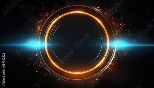 Abstract rotating neon circle in gold color with glowing ring.