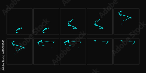 Magic electric lightning fx animation. energy light fx sprite for game, thunder lightning, attack fx, powerful weapon explode and wizard spell vector animation design.