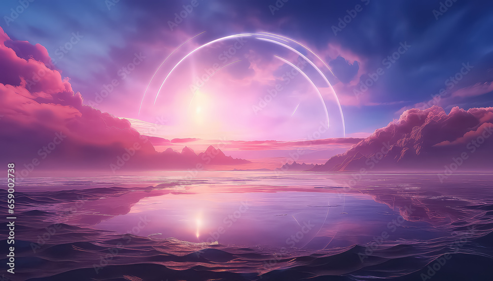 fantasy background with glowing neon pink ring and white cloud over water with abstract seascape