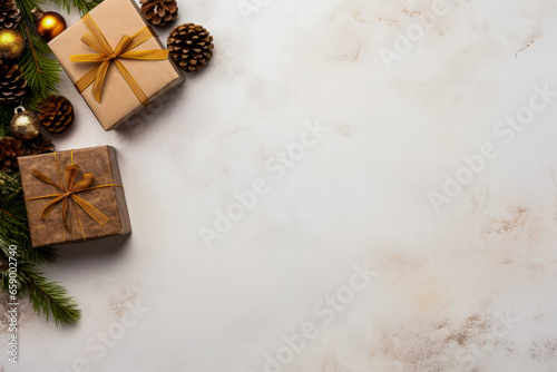 Small pet-centric minimalist Christmas gift spread background with empty space for text 