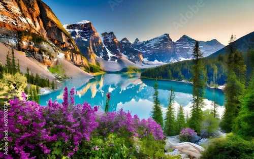 Flowers grow next to the lake at the foot of the mountain
